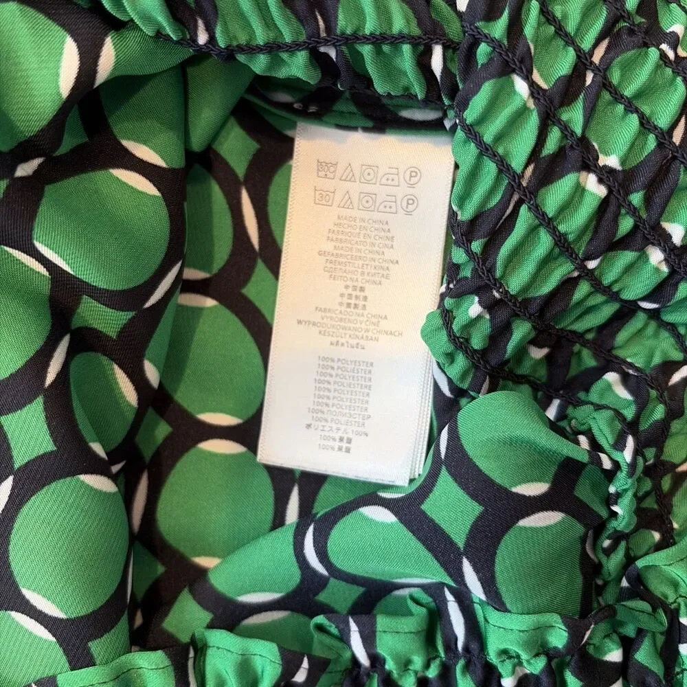 Michael Kors Womens XL Green Geometric Print Blouse Smocked Waist Long Sleeve